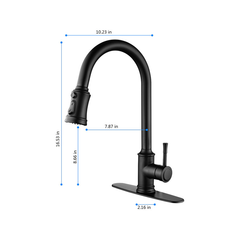 Robinet de cuisine en acier inoxydable noir mat tactile avec poignée rétractable à 360 degrés, débit d'eau à poignée simple et gestion de la température, corrosion, profondeur de 16,81 po, largeur de 10,3 po, hauteur de 2,51 po,