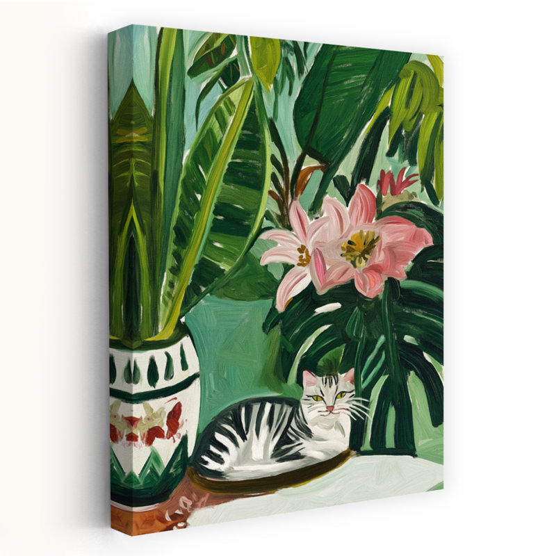 Art contemporain, chat, coloré, vibrant, rétro, nature, art tropical, H 36 po x l 24 po