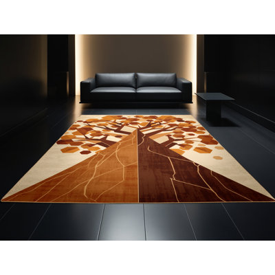 Tapis géométrique rustique moderne lavable à la machine en érable brun Orlandra