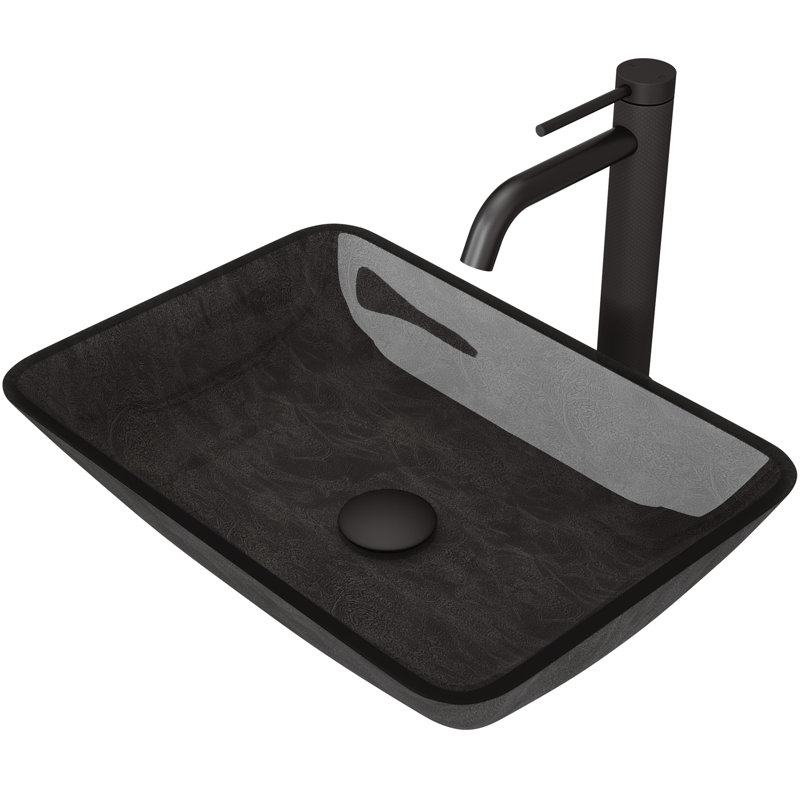 Donatello 18" L x 13" W x 4" H Rectangular Glass Vessel Bathroom Sink with 10" H Faucet, Gray Onyx, Matte Black