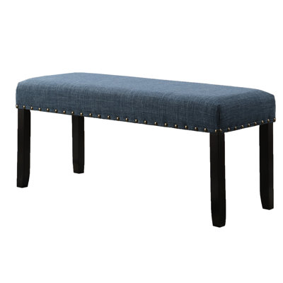 Dining Bench With Blue Fabric Seat And Captivating Nailhead Trim - Wood Frame, Linen & Cotton, 44"W X 16.5"D 19"H In Beautiful Build, Soft Cotton Seat,
