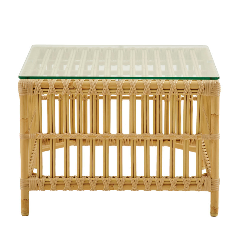 Caroline Square Wicker Outdoor Side Table , 23.6'' in. W 23.6'' in. D, With Glass, Natural