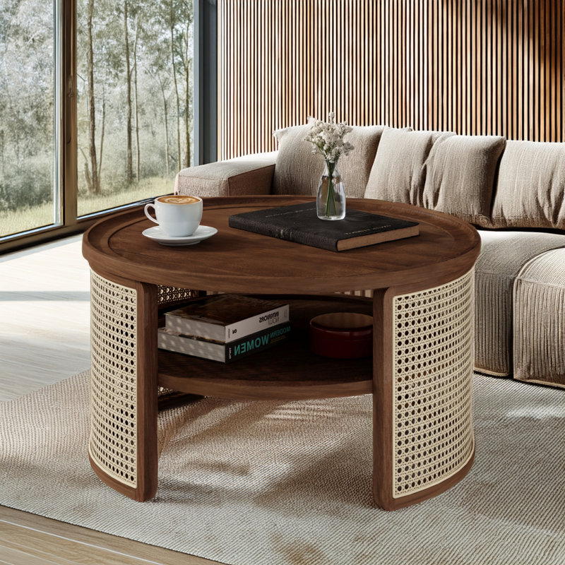Table basse ronde en rotin avec rangement, Bois de noyer