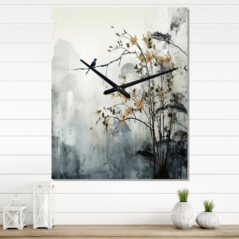 Asian Art Sumi Bird Serenity XVII - Horloge murale asiatique moderne, H 32 po x l 16 po x P 1 po