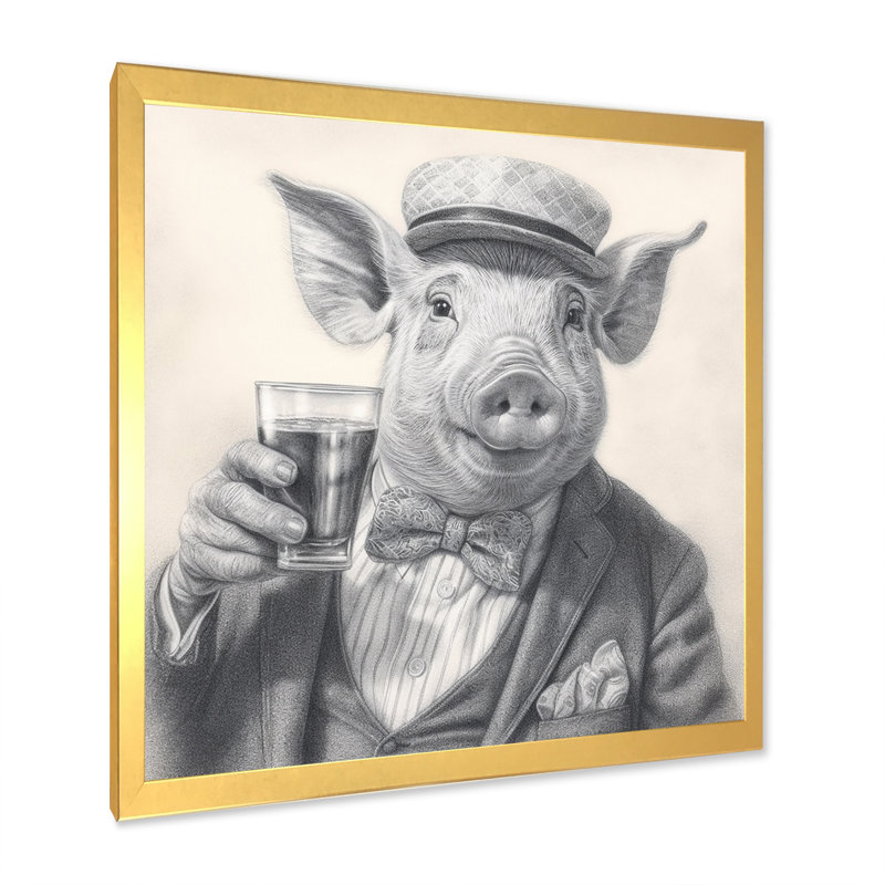 Cochon ayant une boisson II, reproduction d'art sur toile, H 30 po x l 30 po x P 1 po, Cadre doré à une seule photo