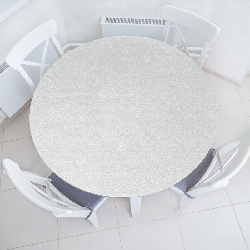 Ebern Designs Floral Fitted Round Tablecloth Pale Taupe and White