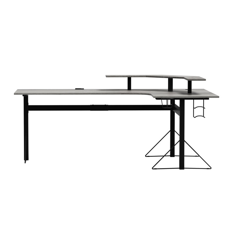 Core Gaming L-Shape Desk with Built-In Power Strip and USB Ports plus Monitor Stand, Gray Oak
