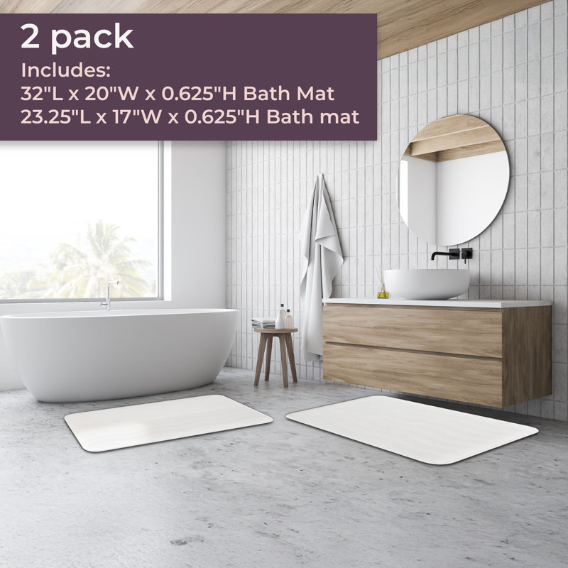 2 Piece Bathroom Rug Set - 32x20 Inch and 23x17 Inch Memory Foam Bath Mats with Textured Wave Print for Stylish Bathroom Decor - Bath Rugs Non Slip Washable Bathmats (White)