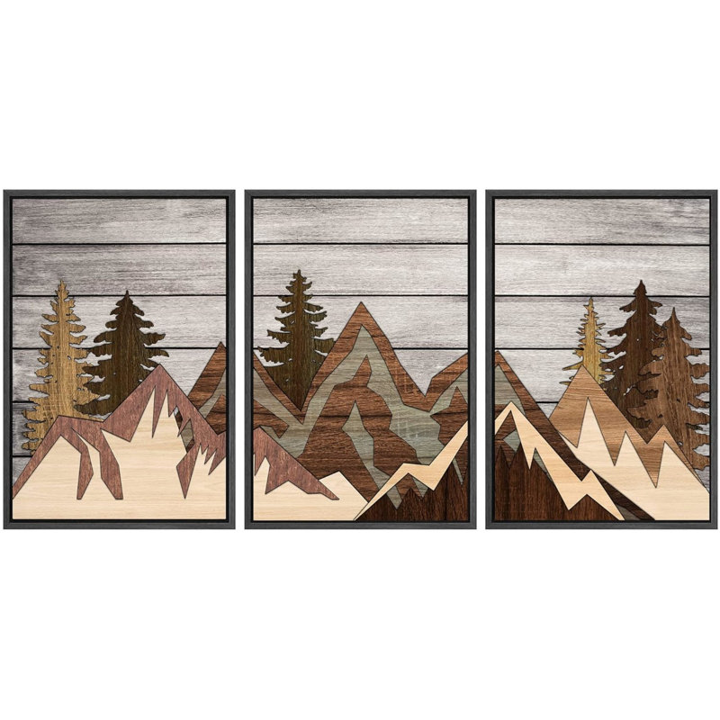 Western Wood Effect Landscape " Wood Panel Mountain Range Forest " 3 - Pieces, 36" H x 72" W x 1.5" D, Black
