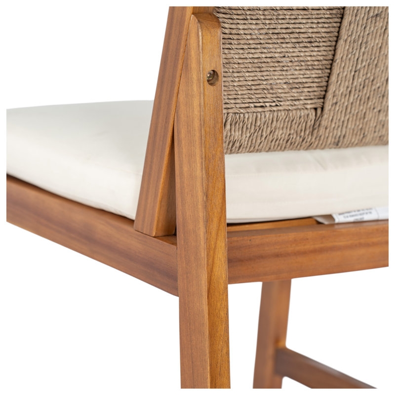 Ensemble de 2 tabourets de bar d'extérieur en bois d'acacia, finition teck avec coussins crème
