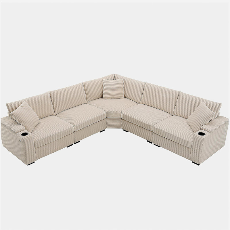 Canapé convertible en forme de L de 106 pouces, canapé d'angle en tweed brut avec espace de rangement pour les accoudoirs, porte-gobelet, chargeur USB, coin irrégulier, canapé modulaire ultra-confortable, convient au salon, appartement, 2 couleurs