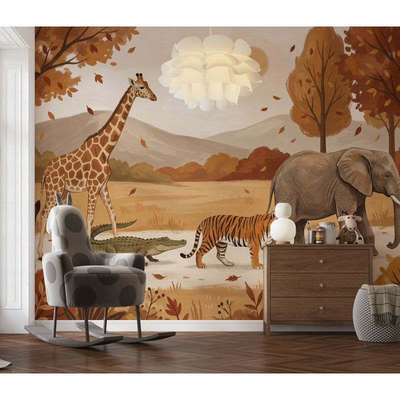 Murale safari avec feuilles d'automne, L: 170 po x H: 108 po, Peler et coller
