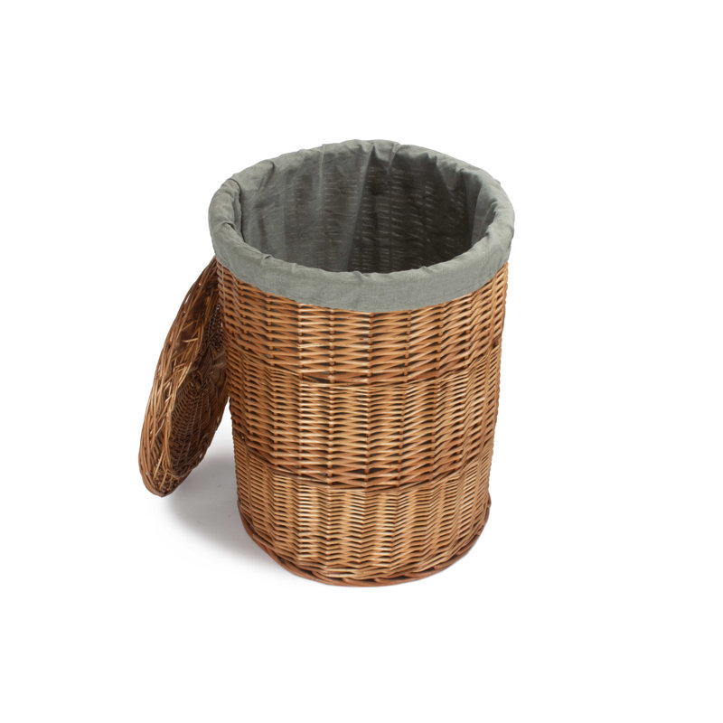 Wicker Round Laundry Hamper Basket with Lining, Light Steamed/Grey, 60cm H x 46cm W x 46cm D