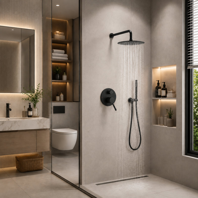 Double Handle Concealed Bathroom Complete Shower System with Balance Valve Rain Showerhead, Matte Black