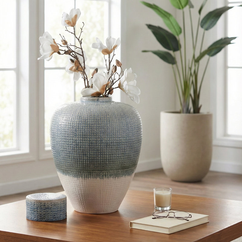 Modern Lidded Ceramic Table Vase Jar for Home Decor - Decorative Tall Flower Vase Accent for Consoles and Entryway Styling - Blue & White
