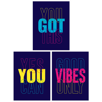 Good Vibes You Got This Yes You Can Neon Motivational 3 Piece Wall Art