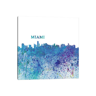 Miami Florida Skyline Silhouette Impressionistic Splash 1 Piece Wrapped Canvas Wall Art