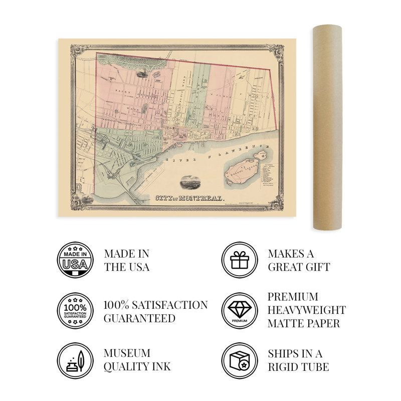 1863 Montréal, Québec, carte du Canada, H 36 po x l 24 po x P 0,01 po