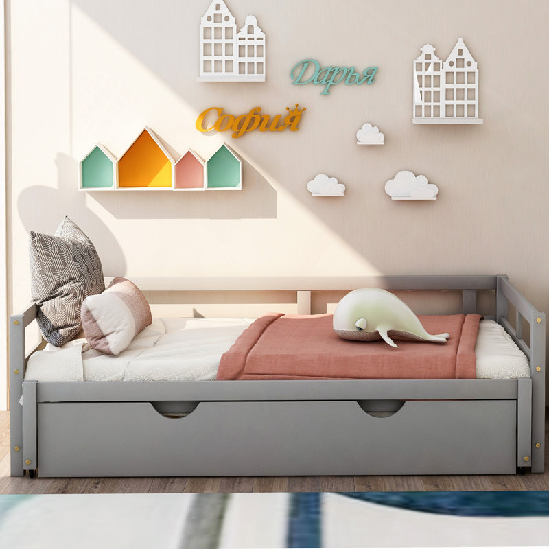 Lit de jour extensible avec couchette, lit de jour en bois avec couchette, Gris