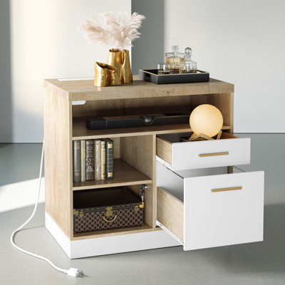 Adonia 31.5"W 2 Drawer Wood File Cabinet With Lock, Power Strip, Storage Shelves For Home Office, White Walnut