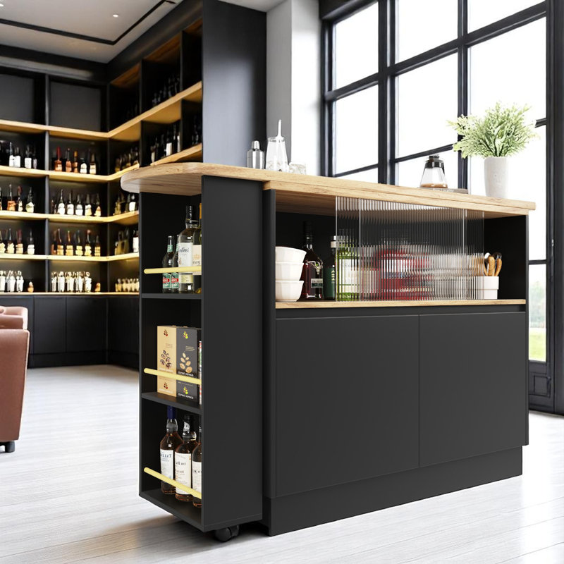 120cm 360° Rotation Bar Table With Doors And Shelves Multifunctional Sideboard With Open Shelves Storage Space, Black