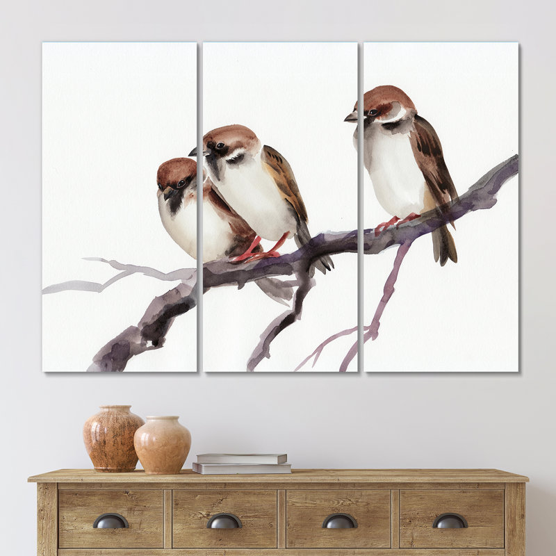 Trois moineaux sur une branche - reproduction d'art sur toile traditionnelle - PT40848, H 28 po x l 36 po x P 1 po