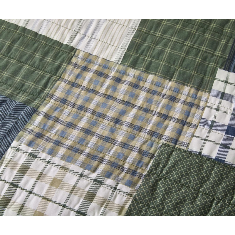 Cedar Printed Plaid Patchwork Microfiber Quilt Set, Green/Blue/White/Tan Patchwork, Full Quilt + 2 Standard Shams