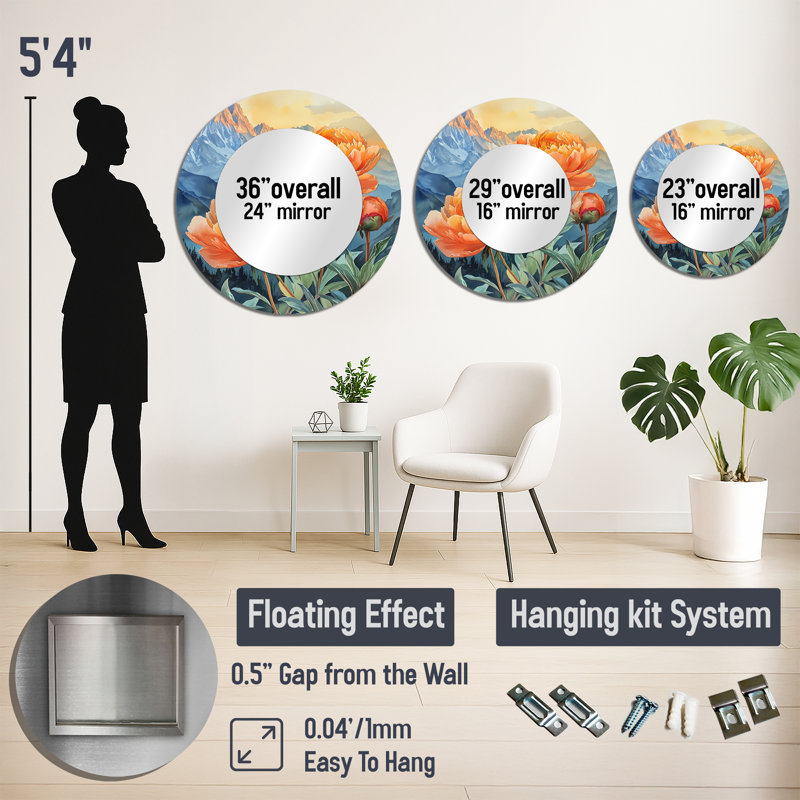 Pivoines d'été et le lever du soleil I - miroir floral pour décoration murale - imprimé sur métal, 29 po x 29 po