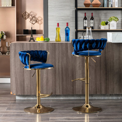 Of 2 Blue Velvet Bar Stools, Golden Legs With Footrest And Base, Adjustable Height Through Mechanical Lifting Instrument Stools In Blue, Textured Legs, By Gadget