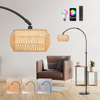 Boho Fishing Floor Lamp with Remote Control, Dimmable Arc Floor Lamp with 3 CCT and RGB,Farmhouse vintage Floor Lamps with Rattan Shades, Vintage floor lamp, Dimmable floor lamp for Bedroom, Office, living room,bedroom,Halloween, Black Friday, Christmas
