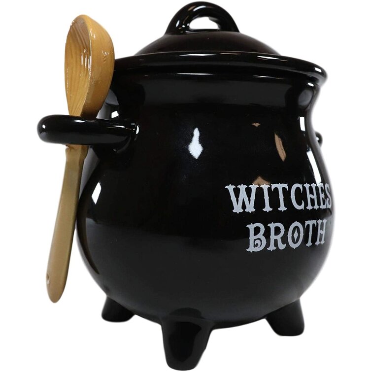 Ebros Ceramic Wicca Hocus Pocus Witch Black Cauldron Magical Witches Broth Dipping or Condiment Bowl or As Large Mug 18oz with Broom Spoon Serveware S