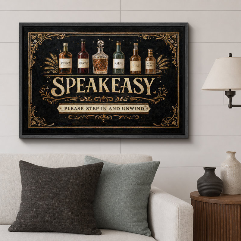 «Speakeasy Vintage Bottle Bar», impression sur toile encadrée, impression sur toile, H 16 po x l 24 po x P 1,5 po, Cadre noir