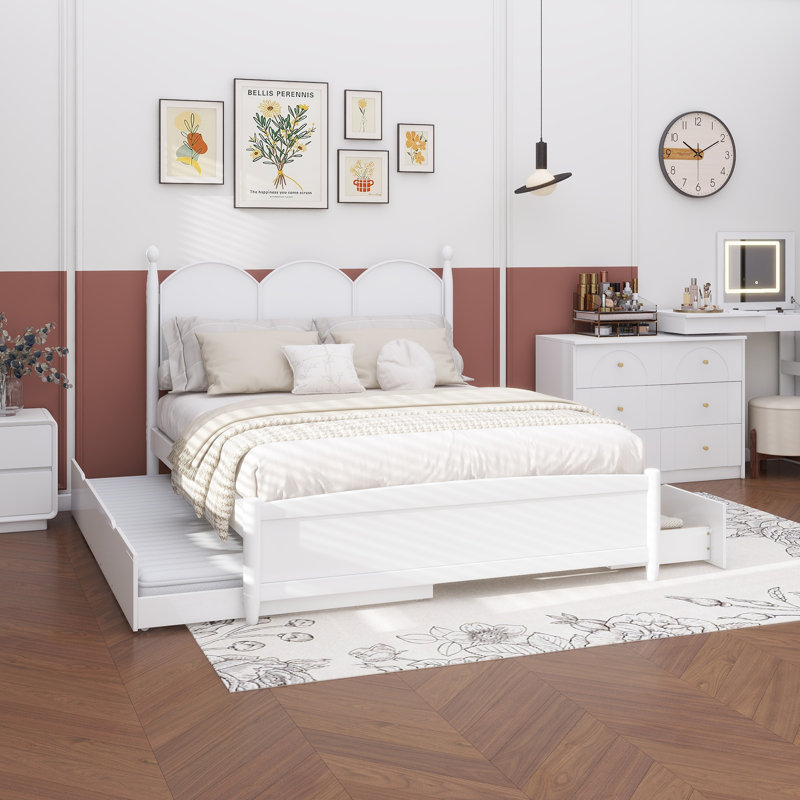 Grand lit plateforme avec 2 grands tiroirs, lit gigogne simple TG, blanc, Blanc