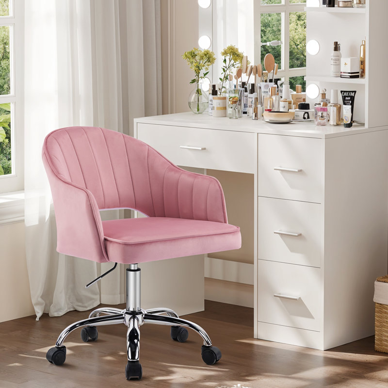 Modern Swivel Velvet Upholstered Office Chair with Armrests, Pink
