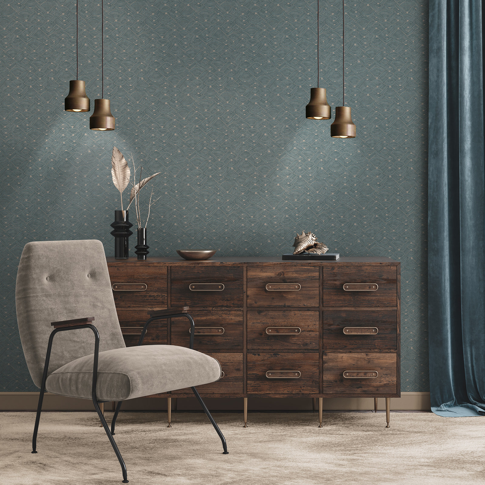 Fusion Geometric Swirl Motif 32.97' L x 20.87" W Wallpaper Roll, Turquoise/Beige