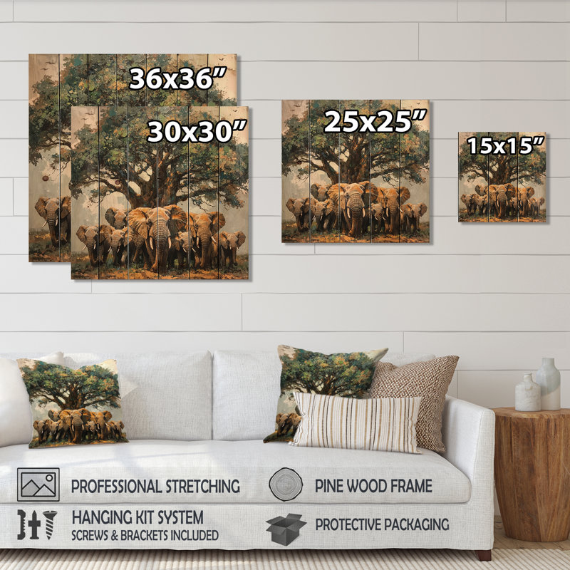 Éléphants d'Afrique par le baobab III - Impression sur bois d'éléphant - sur bois de pin naturel