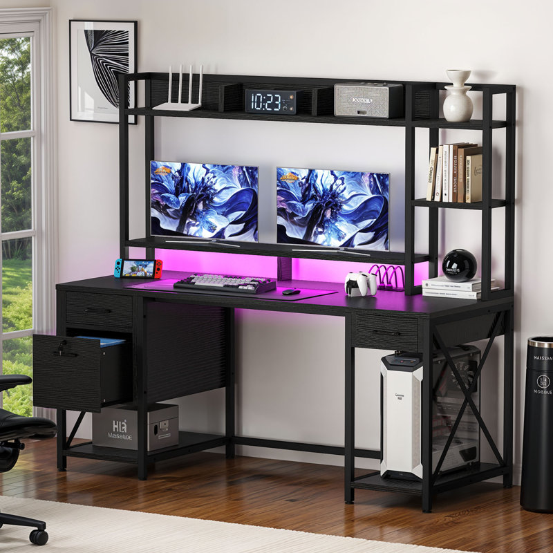 Bureau d'ordinateur 59 po avec tiroirs et huche, bureau d'écriture avec prises de courant et lumières DEL