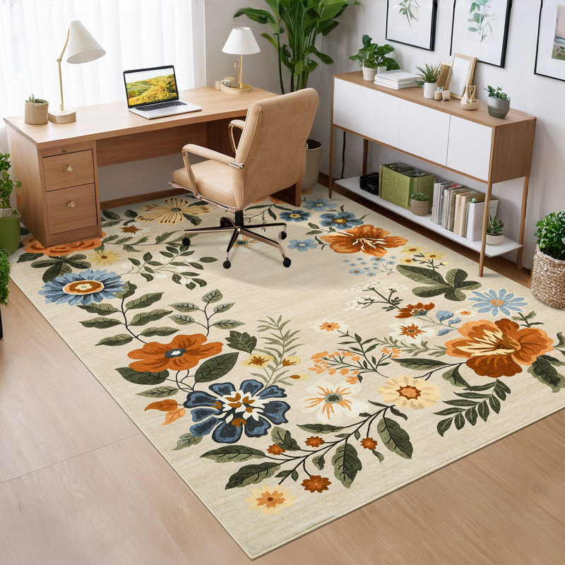 Floral Machine Washable Area Rug with Rubber Backing Non Slip Low Pile Aesthetics Carpet for Living Room Bedroom Office Playroom
