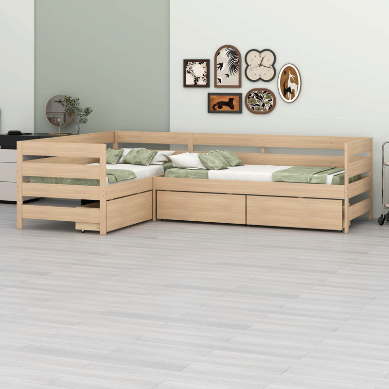 Lit plateforme simple en forme de L avec 3 tiroirs de rangement en pin massif et panneau de fibres à densité moyenne, Naturel