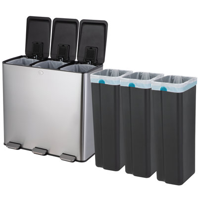 Triple poubelle et poubelle de recyclage en acier inoxydable de 24 gallons avec doublures amovibles et couvercles à fermeture en douceur Home Zone Living