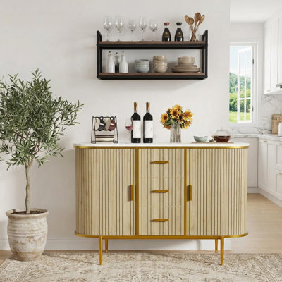 47" Sideboard Buffet Cabinet with Storage, Fluted Console Cabinet with Metal Legs & 3 Drawers, Faux Marble Top, Mid Century Modern Cabinets  for Dining Room, Living Room, Entryway, Oak