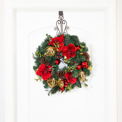 Red Magnolia Faux Lighted 24'' Wreath
