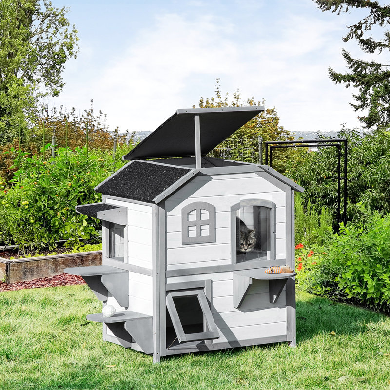Villa d'extérieur pour chat - Enclos en bois de 2 étages avec trappe d'évacuation pour chats, toit ouvrable, plateformes de saut, trappe d'abri blanc, toit ouvert et
