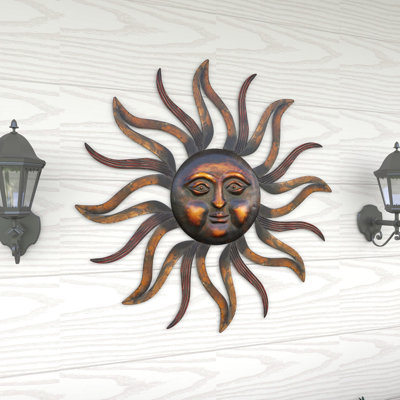 Metal Sun Home Wall Decor with Distressed Copper Like Finish