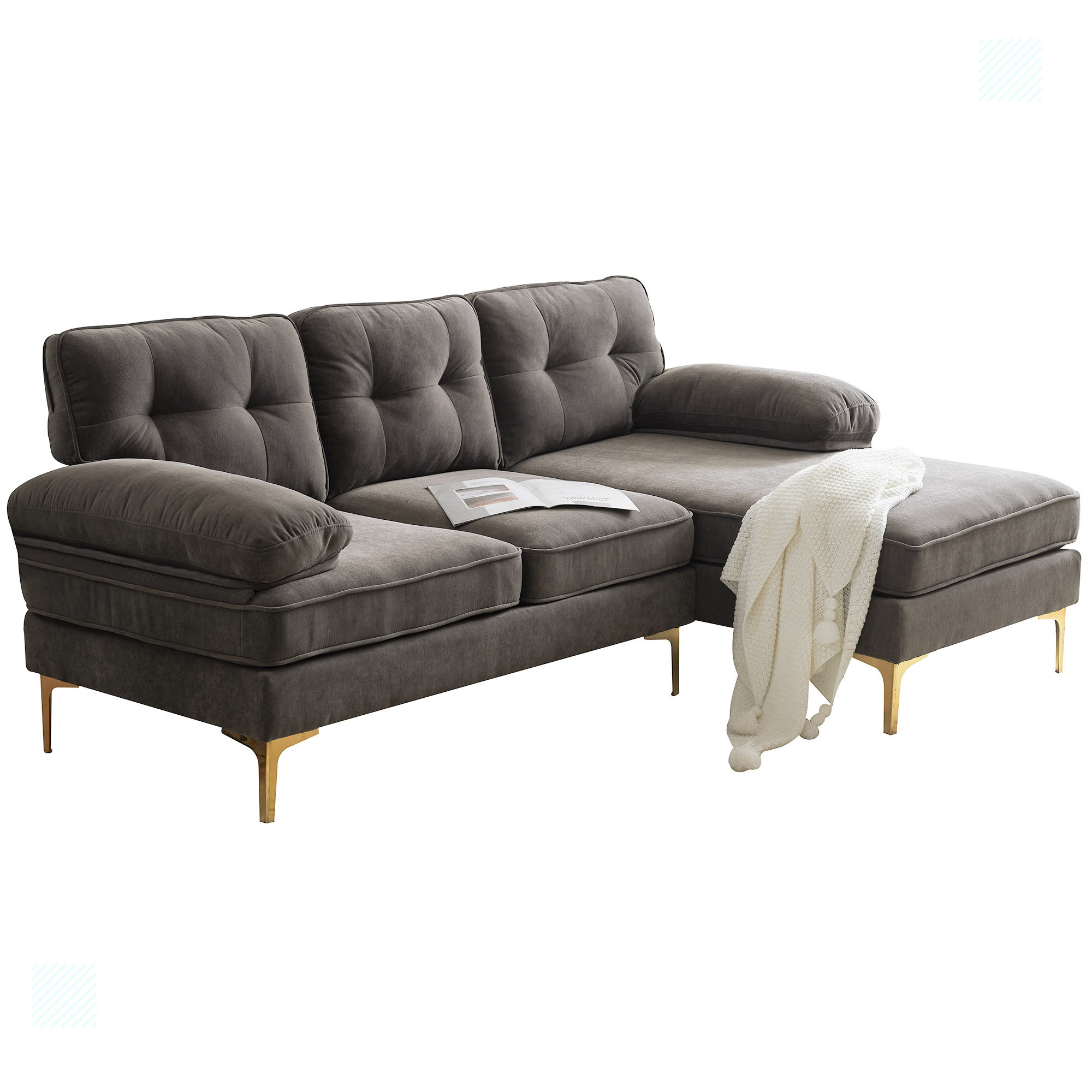 Mercer41 Sectional Sofas Couches Velvet L Shaped Couches for Living