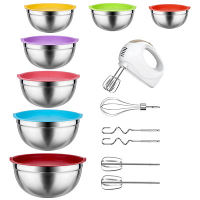 7 Pcs Stainless Steel Nesting Mixing Bowls Set & 5-speed Electric Hand Mixer With Whisk Set