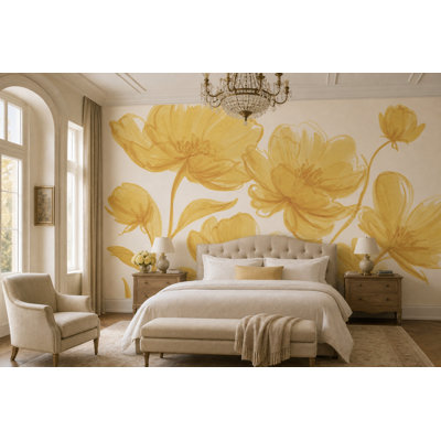 Papier peint fleurs jaunes, aquarelle, décoration murale amovible