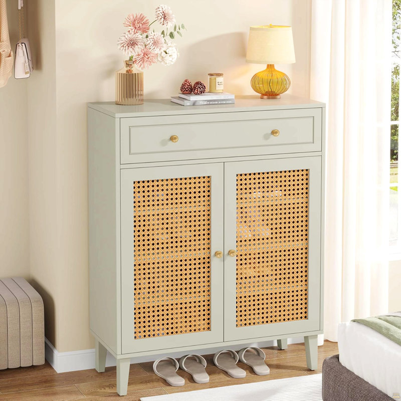 Armoire à chaussures 31,49 "en bois avec portes en rotin et tiroir, range-chaussures à 4 niveaux