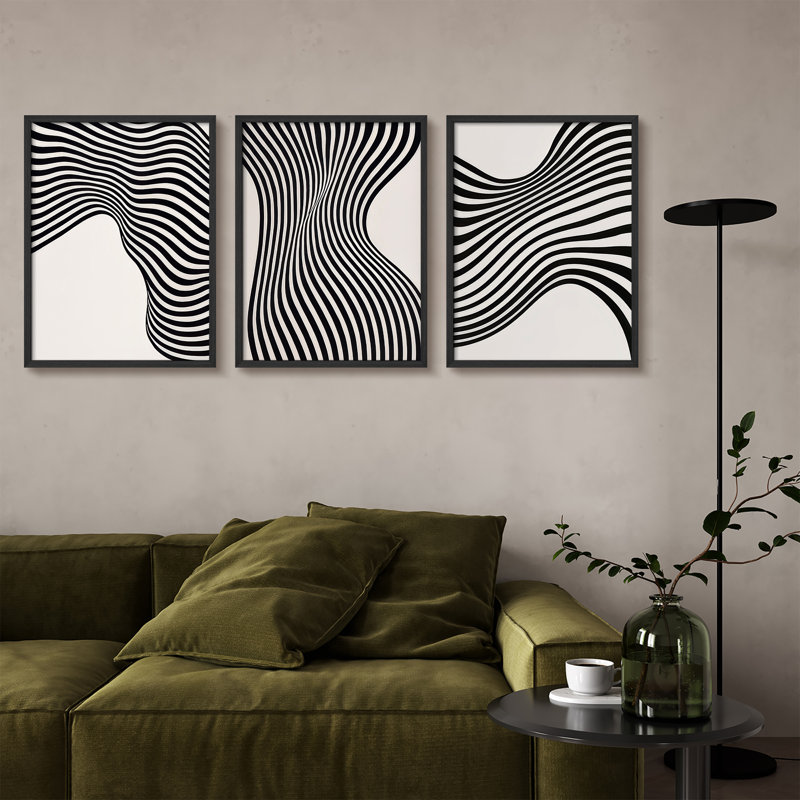 Black and White Optical Illusion Framed Print Wall Art Set - 3-Piece Wavy Stripe Patterns, Bold Contemporary Artwork for Modern Living Room or Office Decor