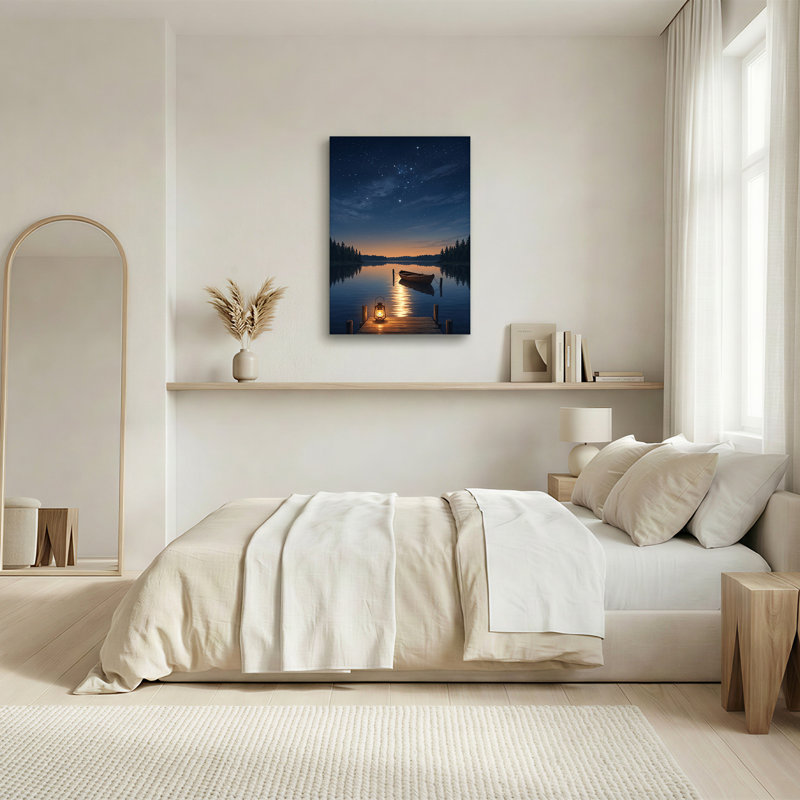 Lanterne sur un quai en bois avec bateau sous la nuit étoilée, art mural sur toile, H 30 po x l 20 po